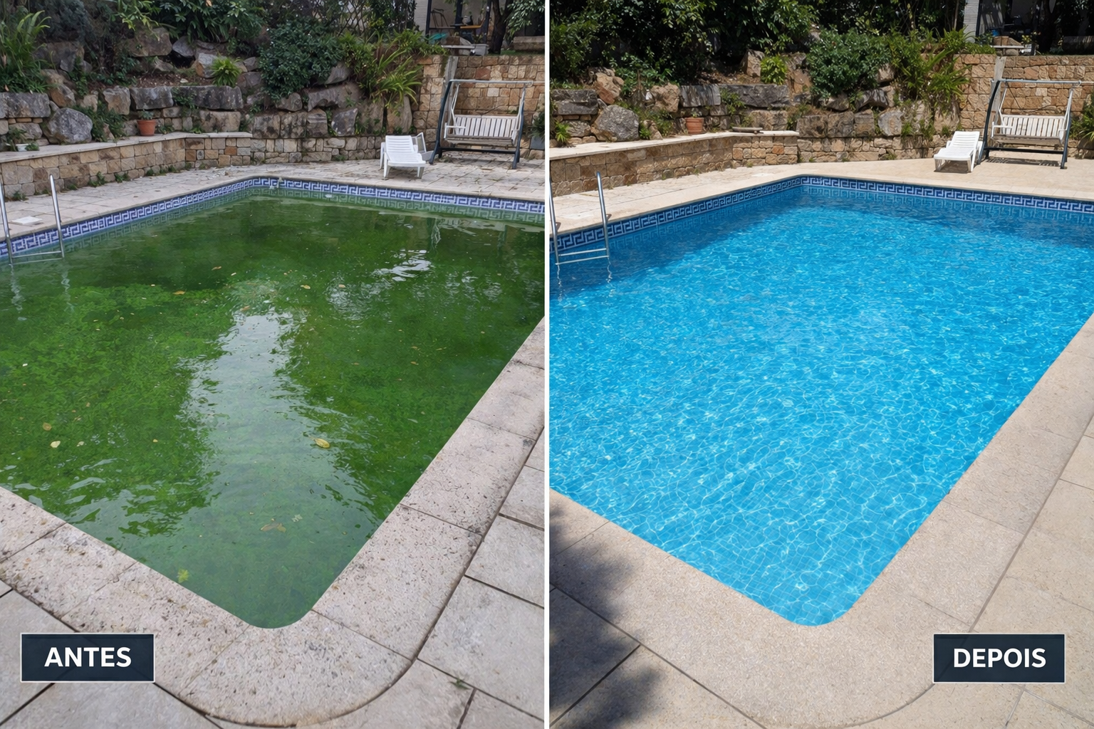 Antes e depois de recuperação de piscina